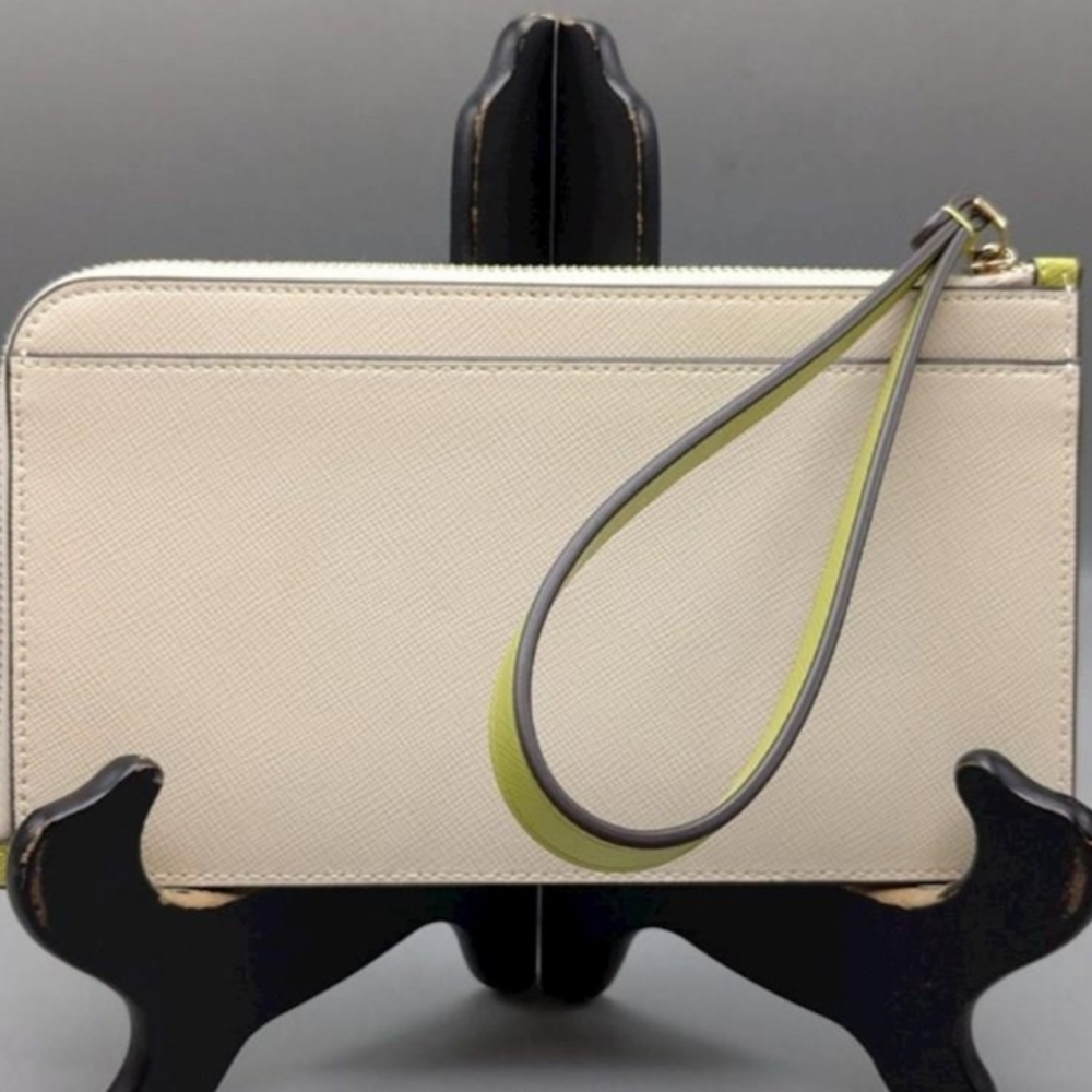 Kate Spade Cream Lucy L Wristlet with Green and Gray Strap and Gold Zipper